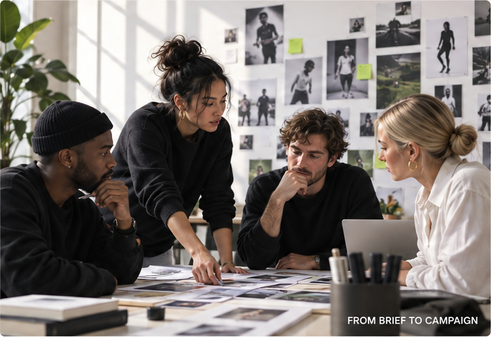Team reviewing campaign materials around a table