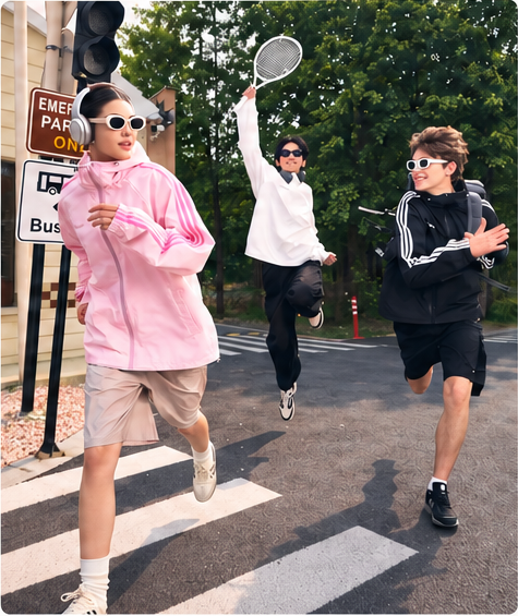 Run club crossing a street in motion