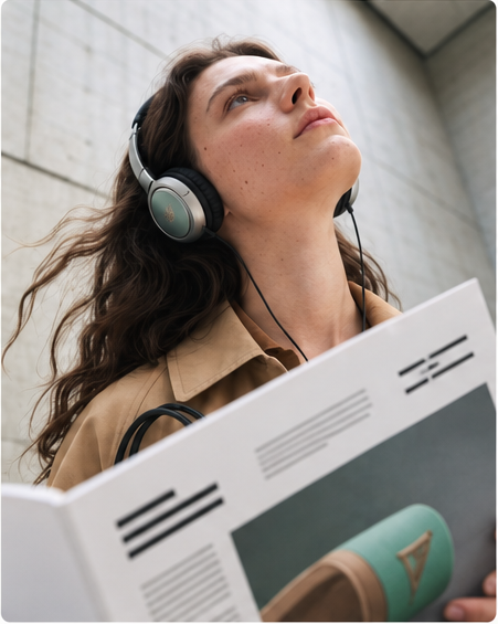 Editorial portrait with headphones, brand marks removed